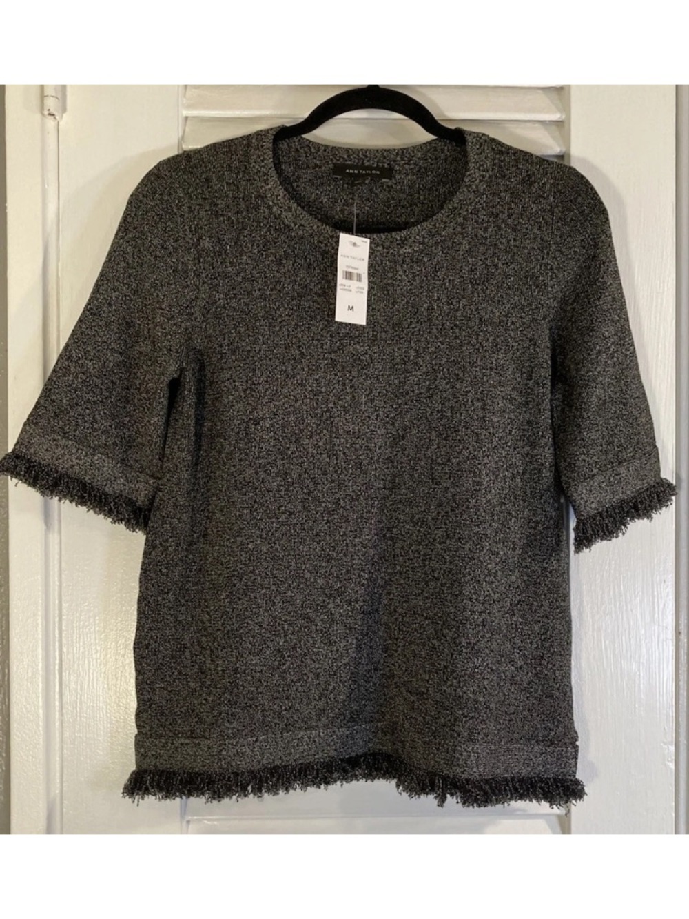 Ann Taylor Charcoal Gray Fringe-Trim Short Sleeve Sweater Top